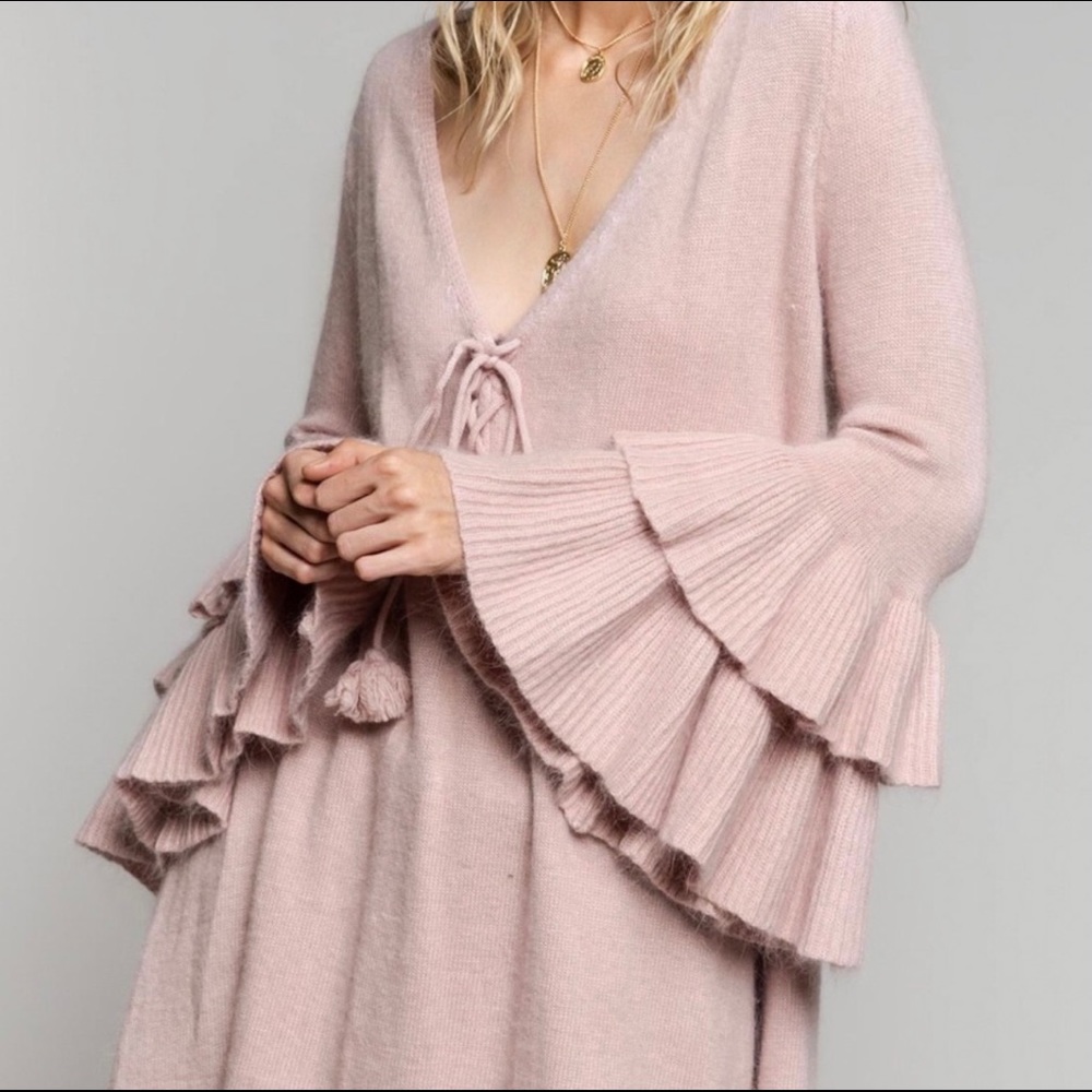 Rose Pink Tiered Bell Sleeve Tunic Sweater - Picture 5 of 11